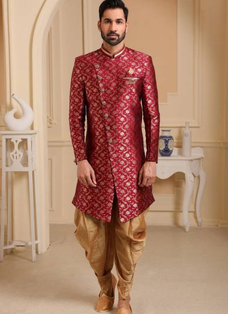 Maroon Colour Traditional Jacquard Silk Digital Print Party Wear Indo Western Mens Collection 9211
